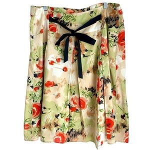 Venezia Green Orange Floral Print Pleated Skirt with Black Ribbon Belt Size 14